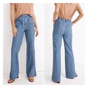NWT Madewell Denim Pull-On Loose Flare Pants Womens sz sm Elastic Waist Med Wash